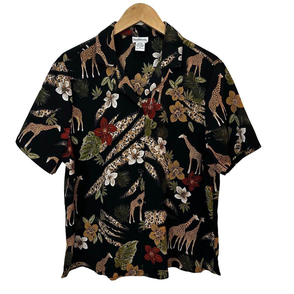 BonWorth Top Shirt‎ Medium MP Safari Tropical Giraffe Short Sleeves Button Front